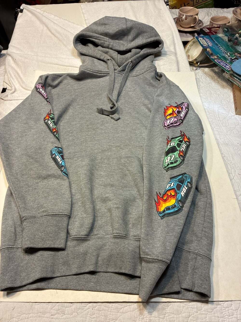 Having Bad Luck Grey Hooded Sweatshirt Size M Racing Cars Sleeves